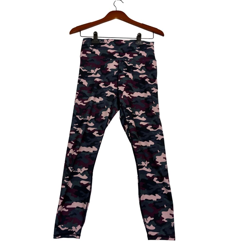 Fabletics PowerHold Womens Camo High Waisted Leggings Pink Burgundy Gray